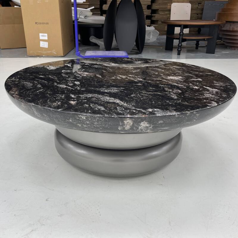 35.43" Round Coffee Table, Black Faux Marble table top, Silver Wood Base