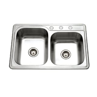 Houzer Glowtone 33" Stainless Steel Topmount 3-hole 60/40 Double Bowl Kitchen Sink with Strainers & Grids - 33" x 22"
