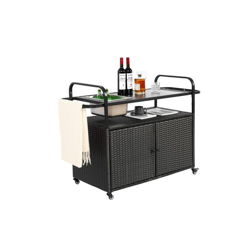 Outdoor Bar Table, Wicker Bar Cart with Cabinet, Patio Serving Cart with steel Top, with one ice bucket,Lockable Wheels