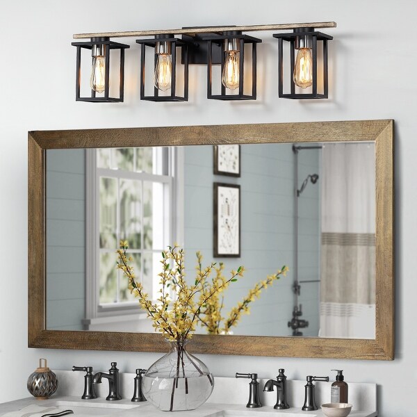 33 in. 4 Light Matt Black Wood Tone Rustic Farmhouse Bathroom Vanity Light with Open Cage Shades On Sale Bed Bath Beyond 37638319