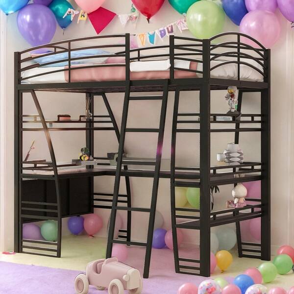 slide 2 of 12, Modern Twin Size Loft Bed With 4 Layers Of Shelves And L-shaped Desk,Sockets,USB Ports,Wireless Charging Black
