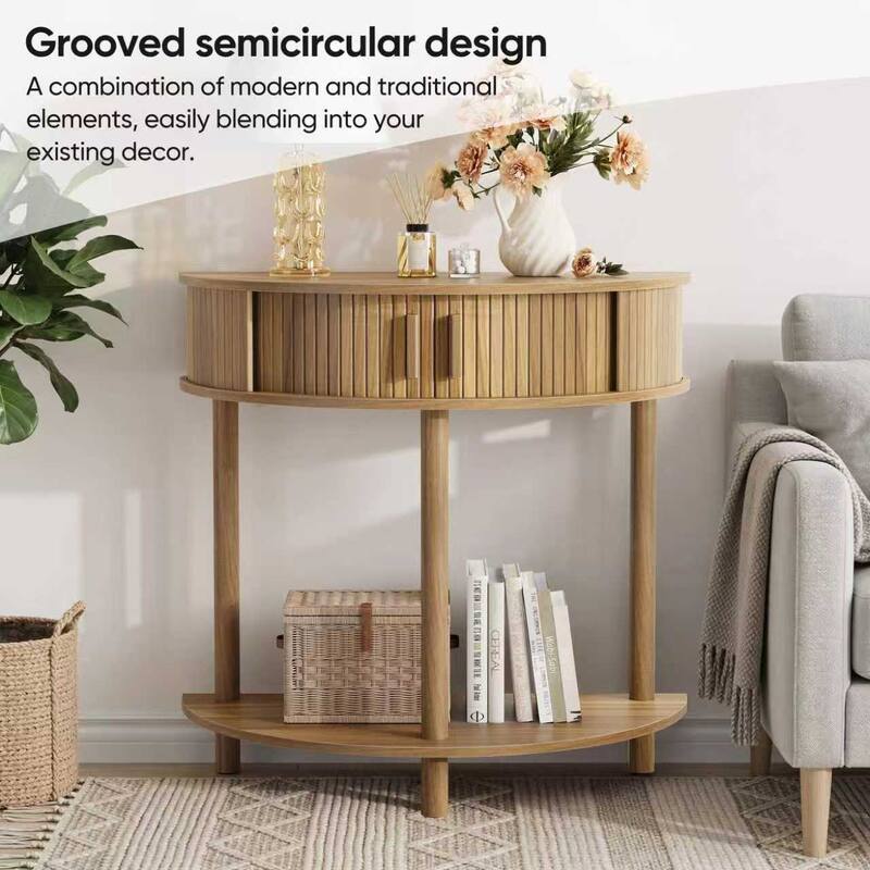 Anmytek 31.5" Grooved Half-Moon Console Table, Farmhouse Entryway Sofa Table, Walnut