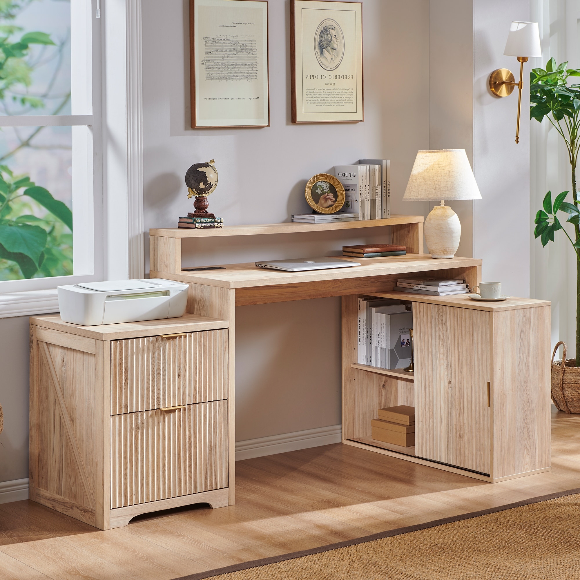 67" Modern L Shaped Desk, Wood Home Office Desk with Charging Station