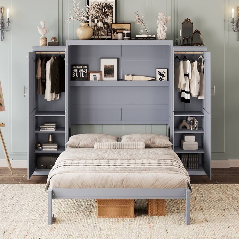 Modern Murphy Bed with Two Wardrobe and Storage Shelf
