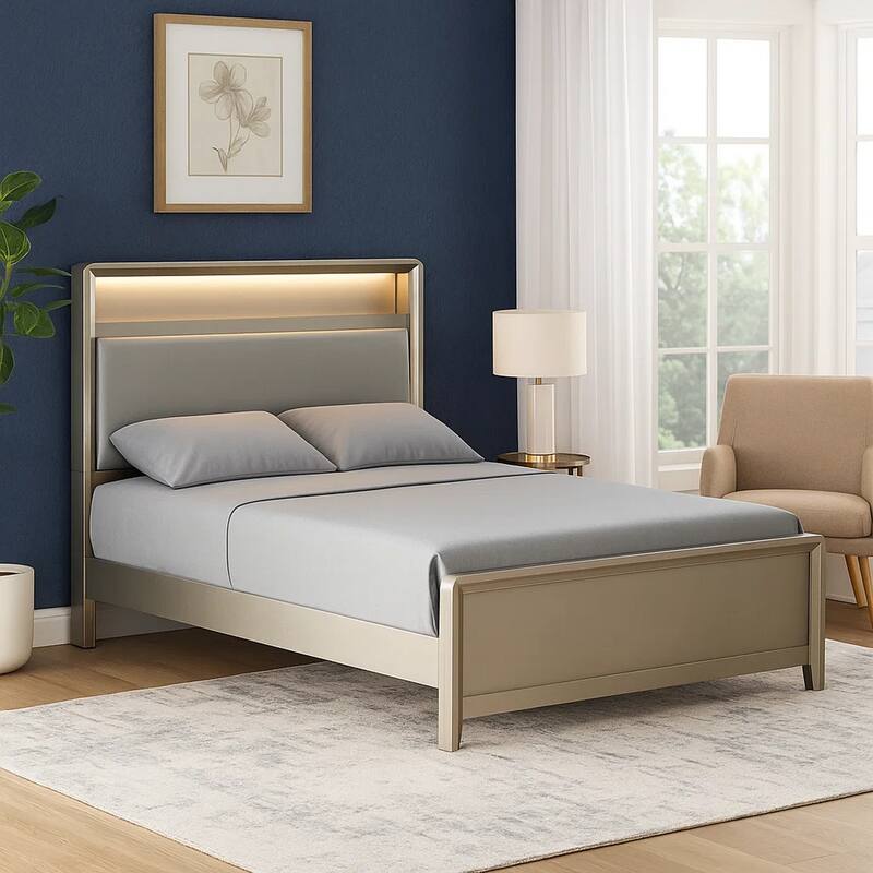 Broy Twin Size Bed w LED Bookcase Headboard, Champagne Silver Veneer