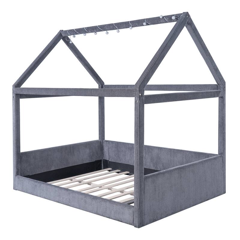 Full Size Upholstered Bed Frame Floor Daybed House Bed with House Roof LED Light Strips and Wood Slat Support for Childrens Room