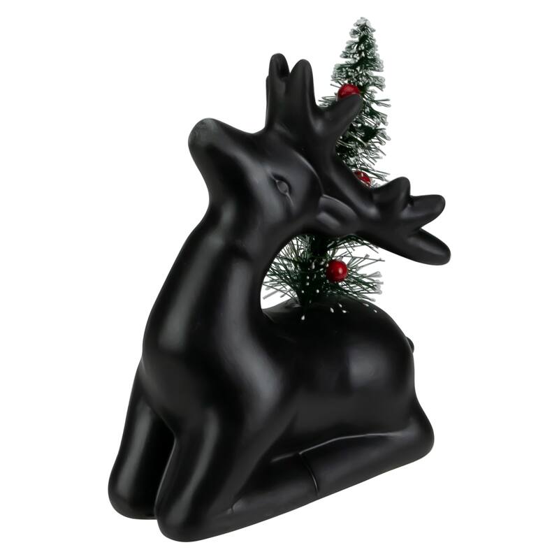 6" LED Ceramic Sitting Reindeer with Christmas Tree, Warm White Lights