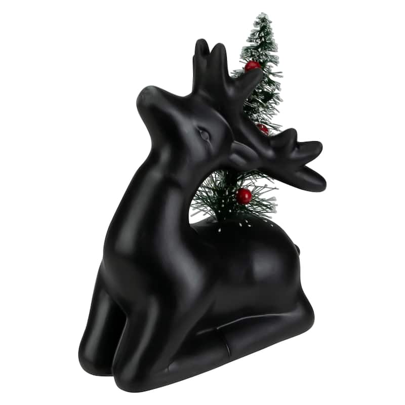 6" LED Lighted Ceramic Sitting Reindeer with Christmas Tree Warm White Lights