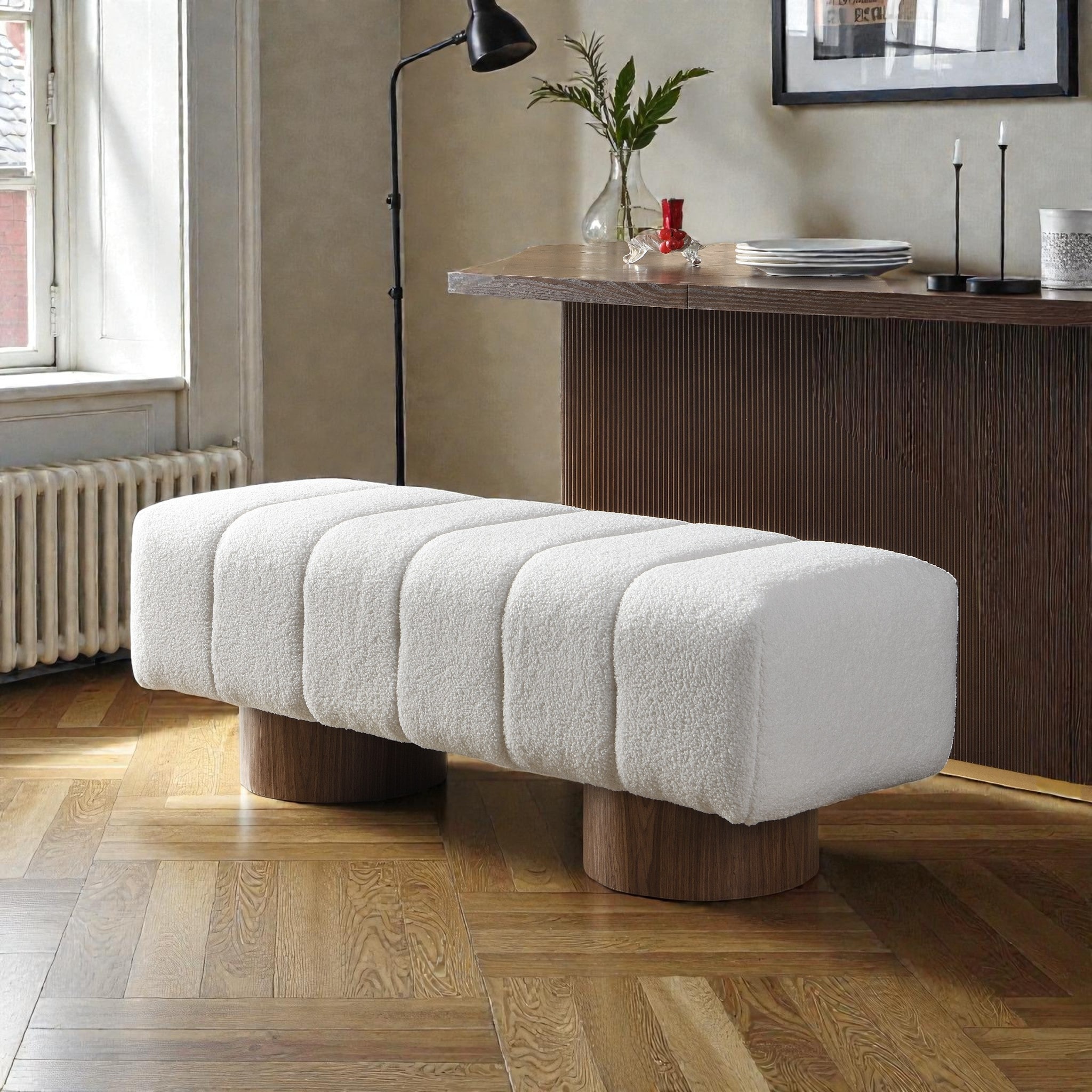 Upholstered Living Bench with Boucle Fabric, Entryway or Bedroom Bench Ottoman with Wood Legs, No-Assembly Accent Stool