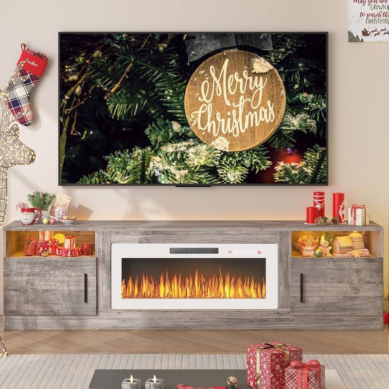 Bossin 80" Fireplace TV Stand with 36" Electric Fireplace, TV Stand for TVs Up to 90", 16 Colors LED Lights/Entertainment Center