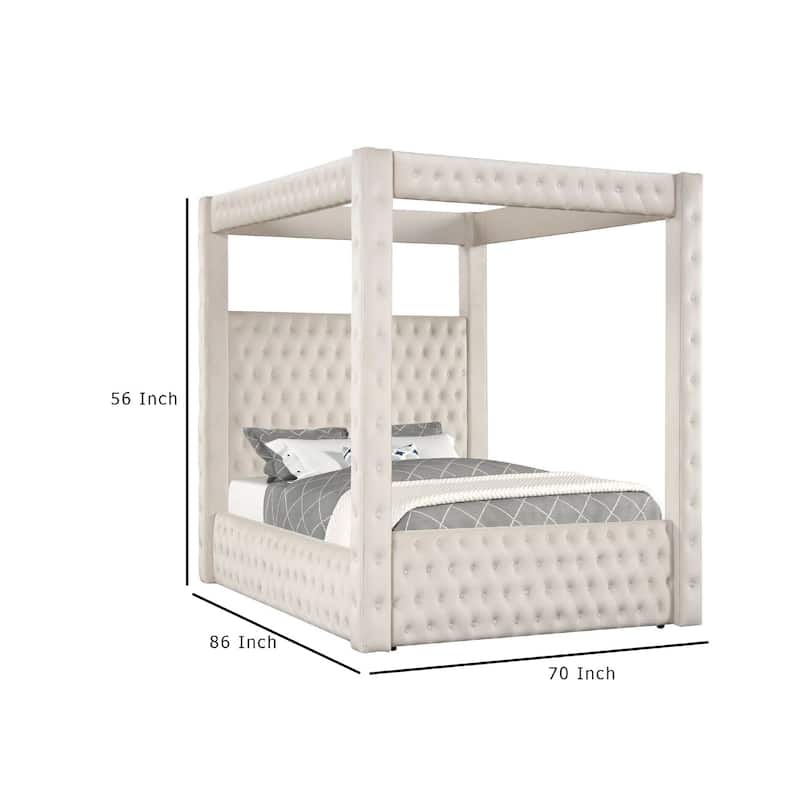 Beli Queen Size Canopy Bed, Tufted Design, Ivory Velvet Upholstery
