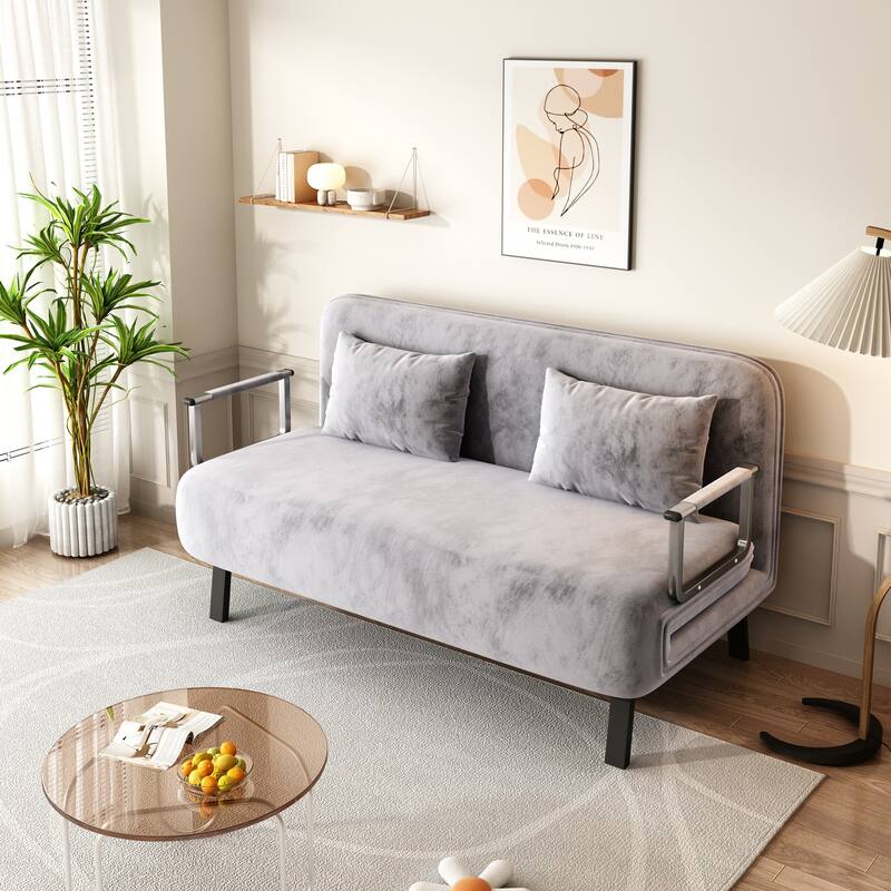 Velvet Convertible Chair Bed with Adjustable Backrest and Pillow - Grey