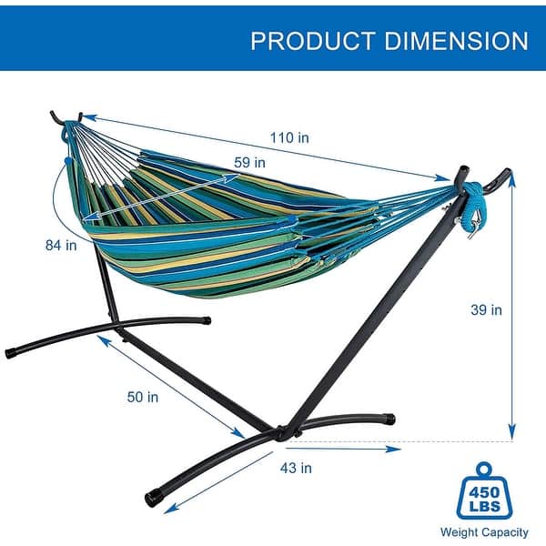 dimension image slide 5 of 12, Double Cotton Hammock with Space Saving Steel Stand