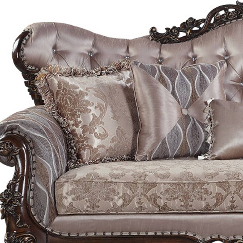 HomeRoots 92" Champagne Imitation Silk Damask Sofa And Toss Pillows - 92