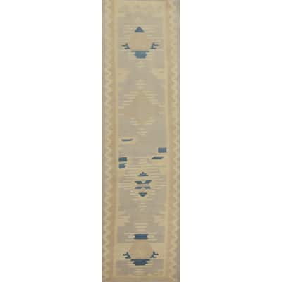 Hand Woven Oriental 100% Wool Carpet Southwestern Tribal Greys & Charcoal Kilim Runner Rug - 11' 10'' X 2' 7''
