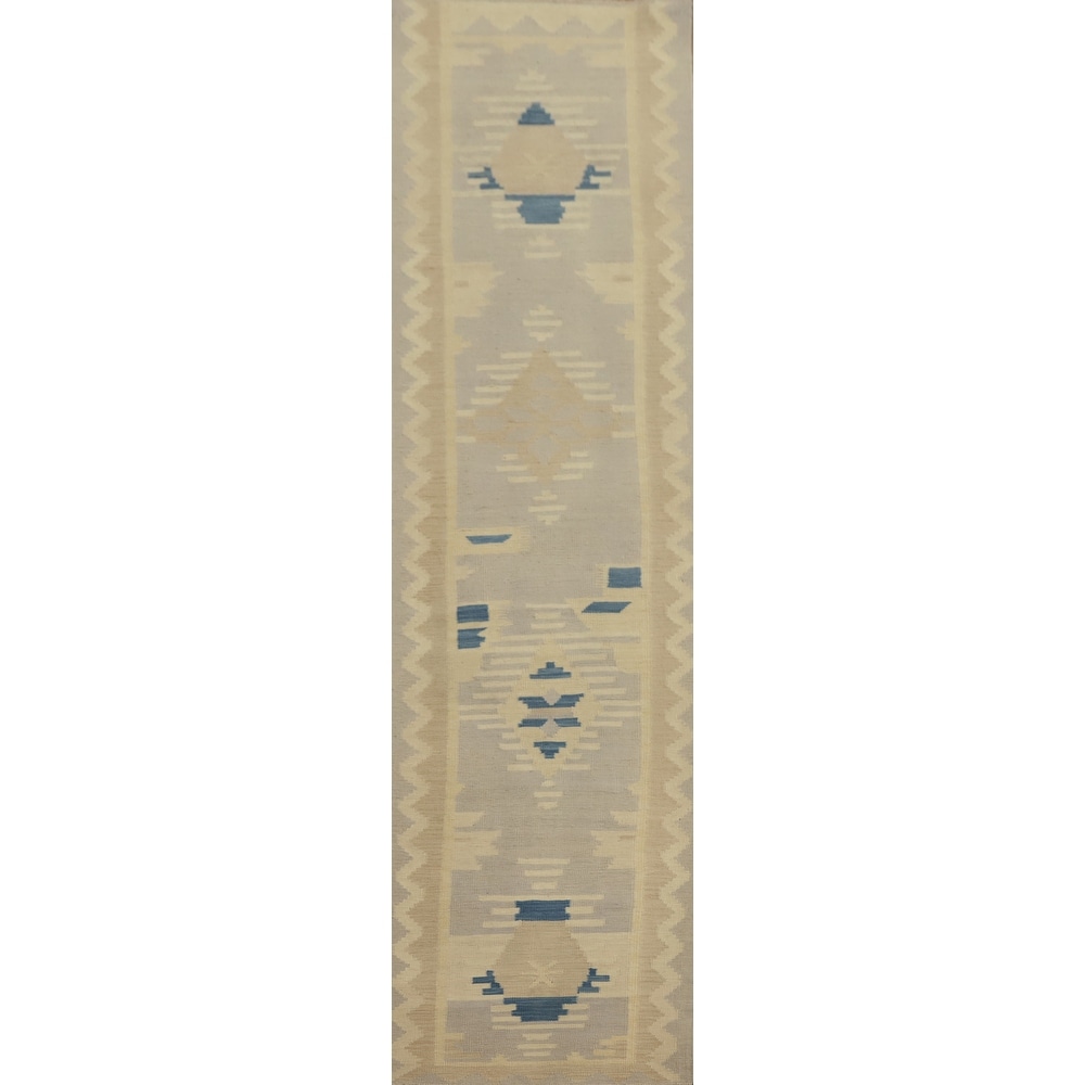 Hand Woven Oriental 100% Wool Carpet Southwestern Tribal Greys & Charcoal Kilim Runner Rug - 11' 10'' X 2' 7''