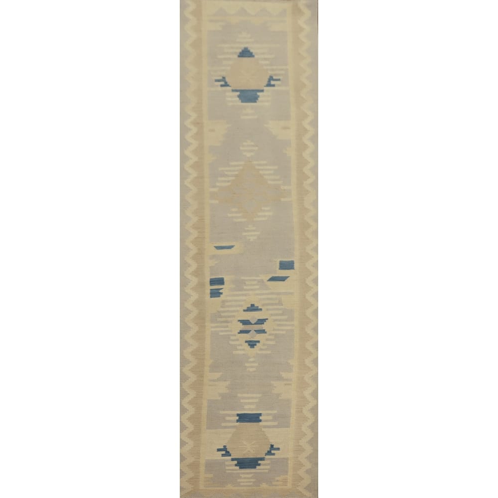 Hand Woven Oriental 100% Wool Carpet Southwestern Tribal Greys & Charcoal Kilim Runner Rug - 11' 10'' X 2' 7''