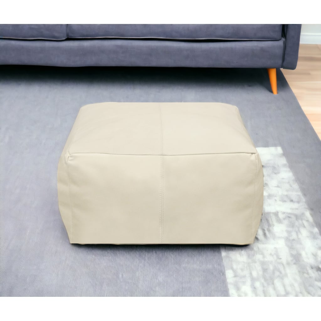 22" Ivory Leather Pouf Ottoman