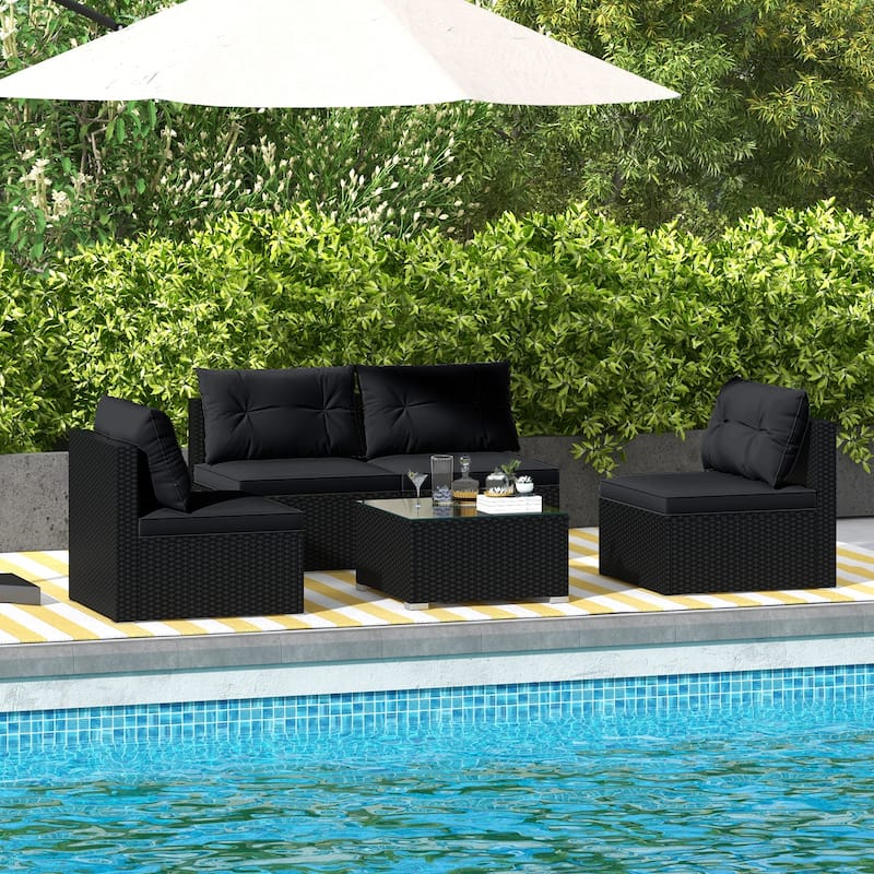 Gymax 5 PCS Patio Furniture Set w/ Seat & Back Cushions Tempered Glass