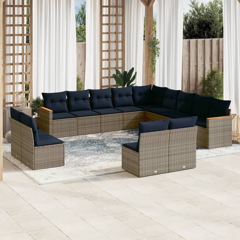 vidaXL 13/14 Piece Patio Sofa Set with Cushions Black/Gray Poly Rattan - 24.4 x 24.4 x 27.2 - Gray Without table