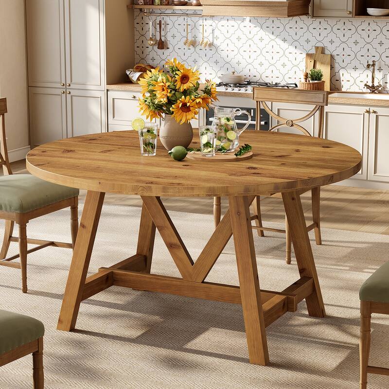 47 Inch Round Solid Wood Dining Table for 4-6, Farmhouse Kitchen Table - 47.24" D x 47.24" W x 29.53" H - Brown
