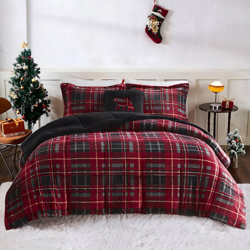Woolrich Alton Plush to Sherpa Down Alternative Comforter Set - Red Plaid - King