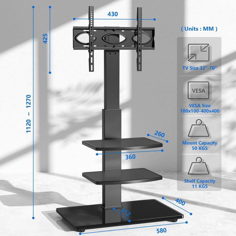 Swivel Floor TV Stand with VESA Mount for Flat Screens/Curved TVs, 3