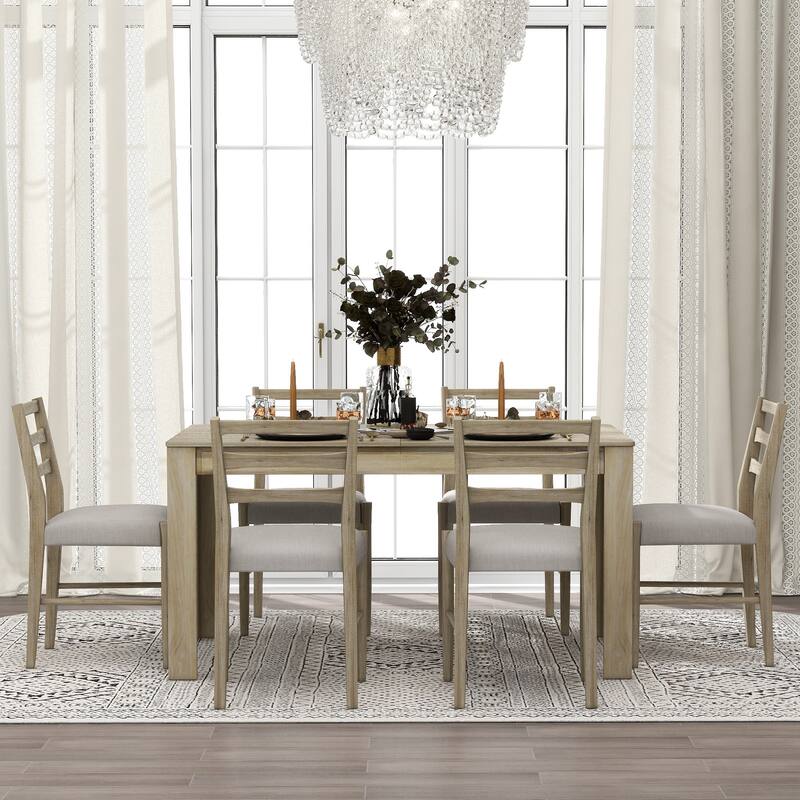 Natural Wood Wash Rustic 7-Piece Wooden Dining Table Set with 6 Chairs & Extendable Table