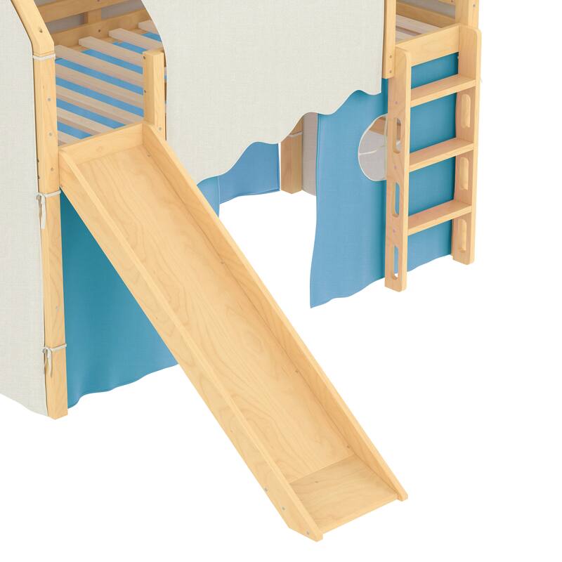 Fairytale Loft Bed Wooden House Bed with Tents, Light Strip and Slide