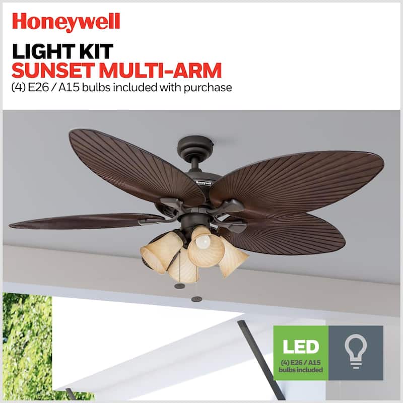 52" Honeywell Palm Island Bronze Indoor/Outdoor Ceiling Fan with Light, Pull Chain, 5 Palm Leaf Blades