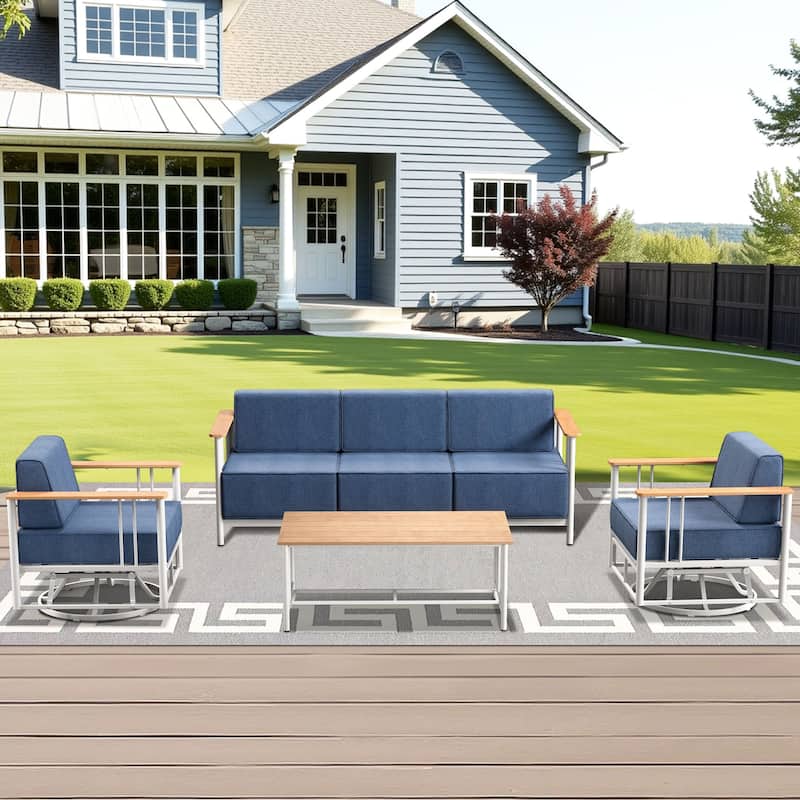 Pocassy 4PCS Sofa Swivel Chair with Table - White & BLue Cushion - 4PCS Sofa Swivel Chair with Table