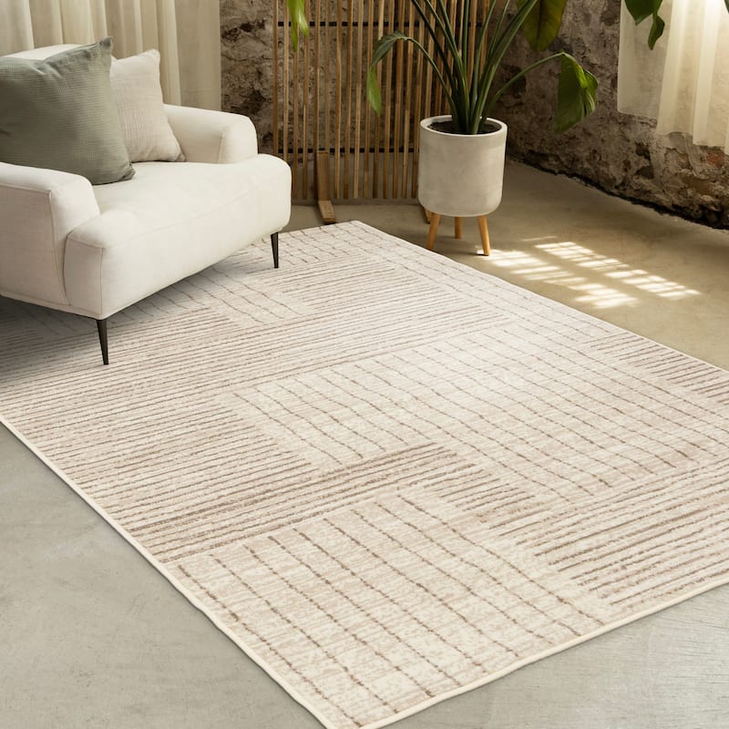 Beige Cream Geometric Stripes High-Traffic Rug