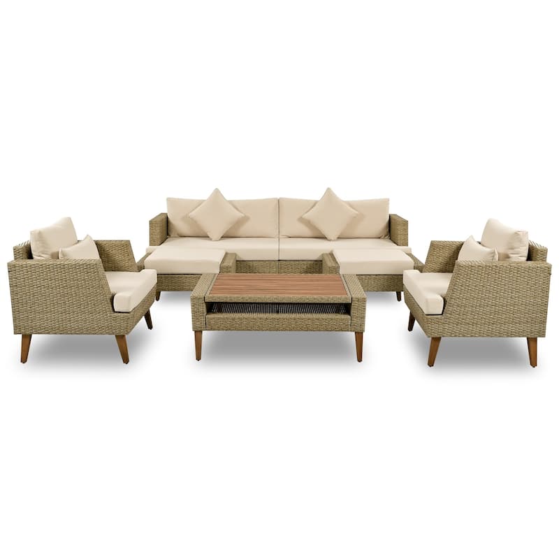 6-Piece PE Rattan Sofa Set with Cushions and Coffee Table