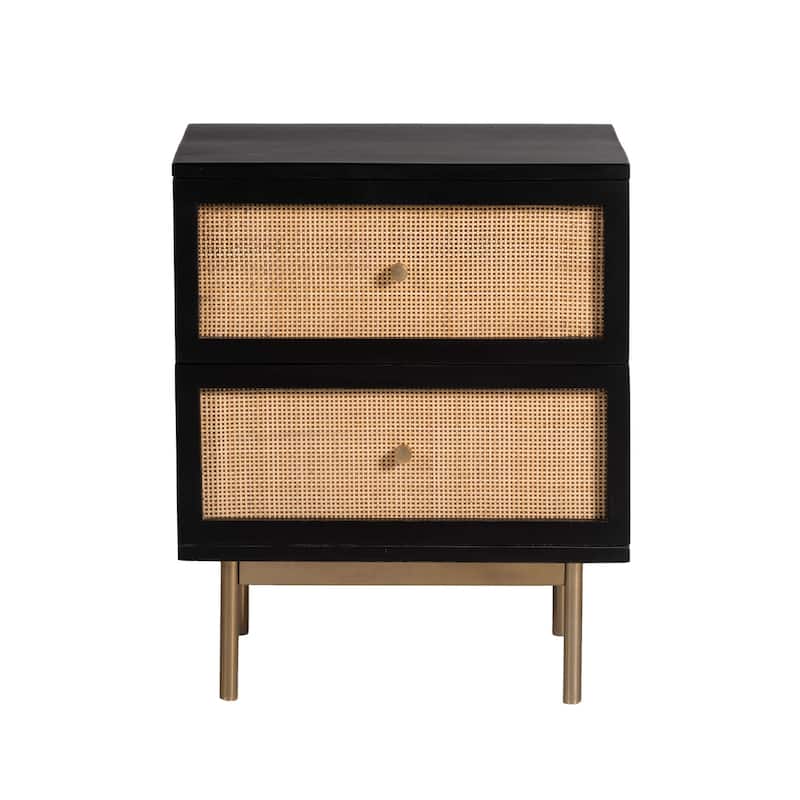 Curtis Solid Wood Two-Drawer Nightstand - Black / Natural Woven Cane