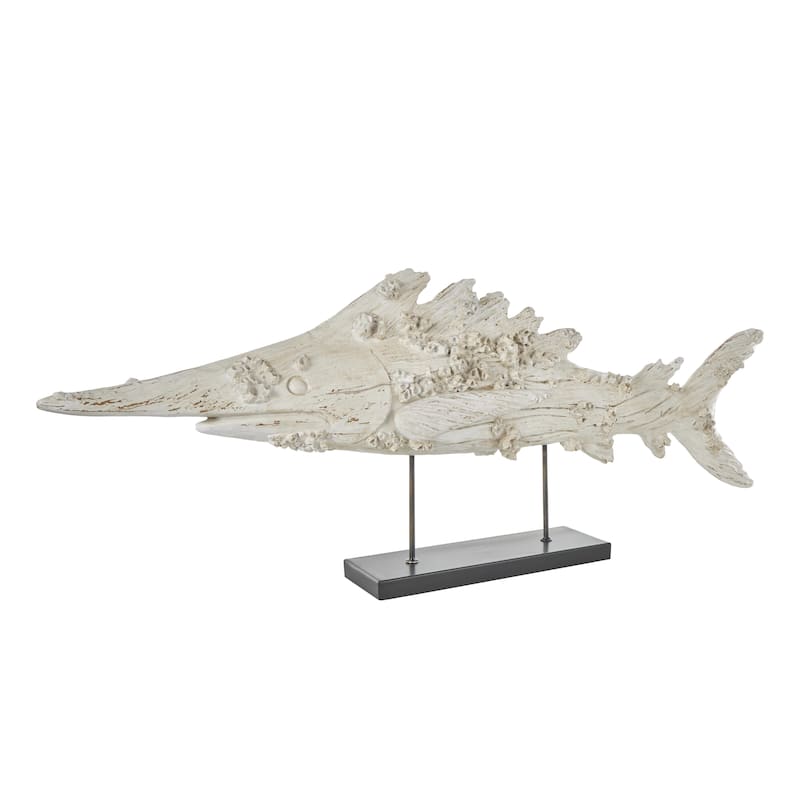 Polystone Fish Textured Decorative Sculpture with Brown Distressing and Black Metal Stand - Cream - Roche River Decor