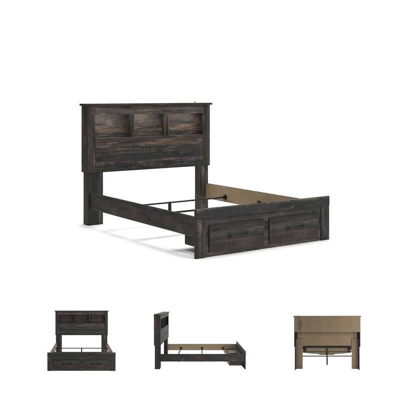 Drystan Rustic Brown Bookcase Bed with Footboard Storage Drawers