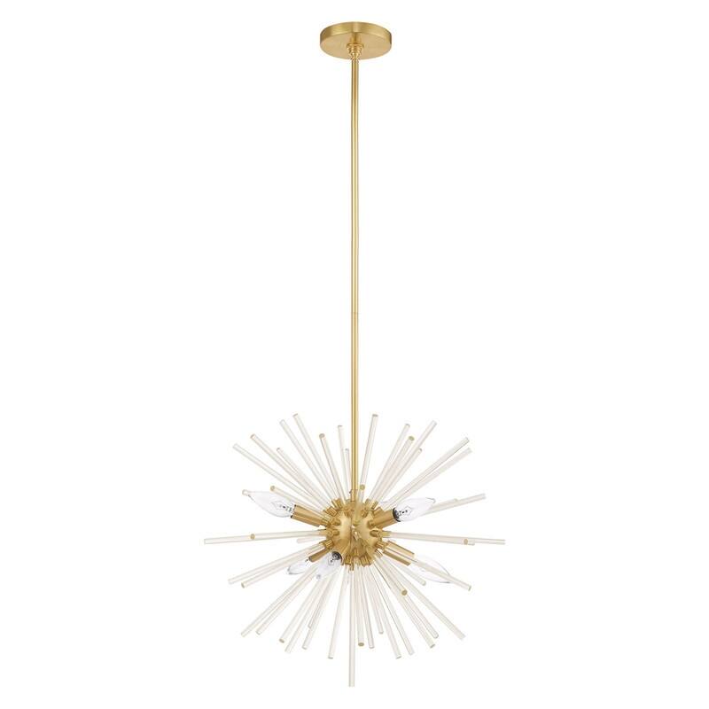 Livex Lighting 6-Light Pendant Chandelier, 41254-12, 41254-05 - Satin brass with clear glass rods - 20"Dia. x 25.25"-50.75"Adj. H