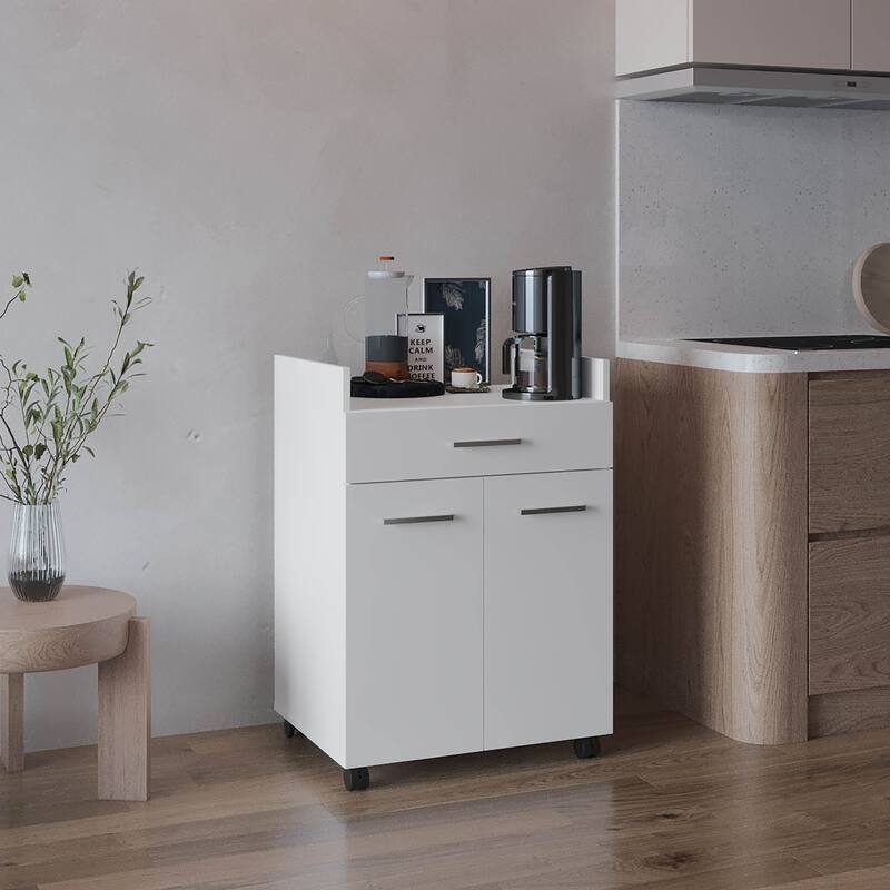 Kitchen Cart, 2 Doors, 1 Drawer, 4 Wheels, 2 Shelves, White with durable engineered wood construction - White