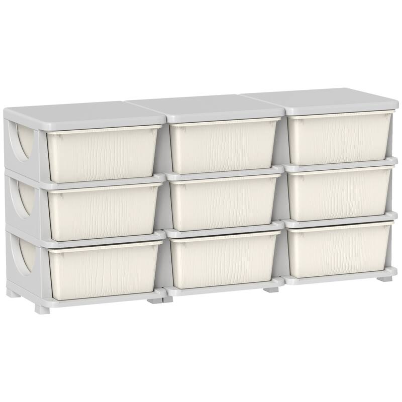 Qaba 3 Tier Kids Storage Unit, 9 Drawer Chest Toy Organizer Plastic Bins - Cream White