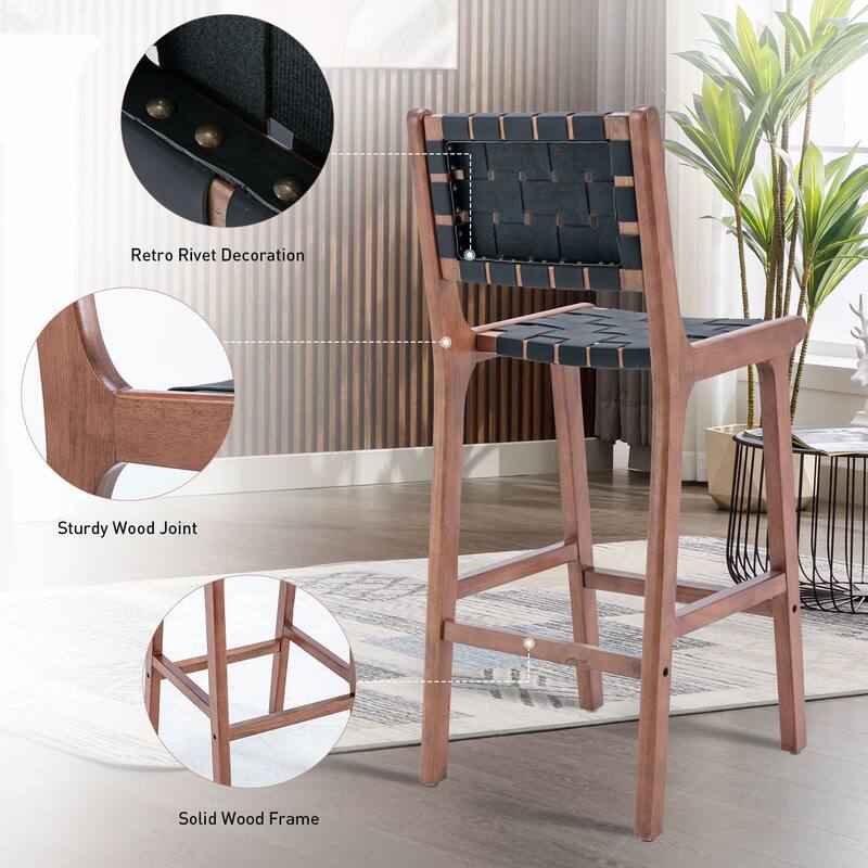 Faux Leather Kitchen Stool Chairs with Back and Wooden Legs Set of 2