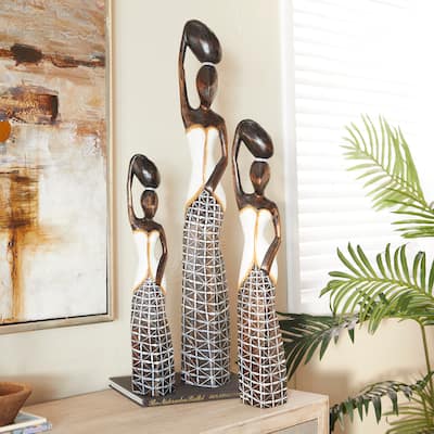 Brown Wood Standing African Woman Sculpture with Baskets on Their Heads (Set of 3) - S/3 32", 23", 20"H