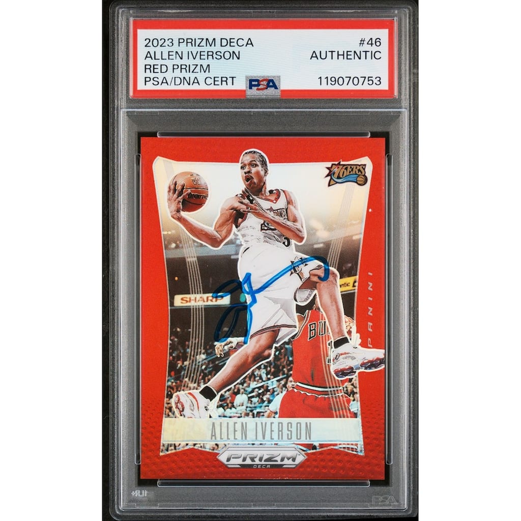 Allen Iverson 2023 Panini Prizm Deca Red Signed Basketball Card #46 Graded Authentic Auto PSA 108/199 Cert # 119070753