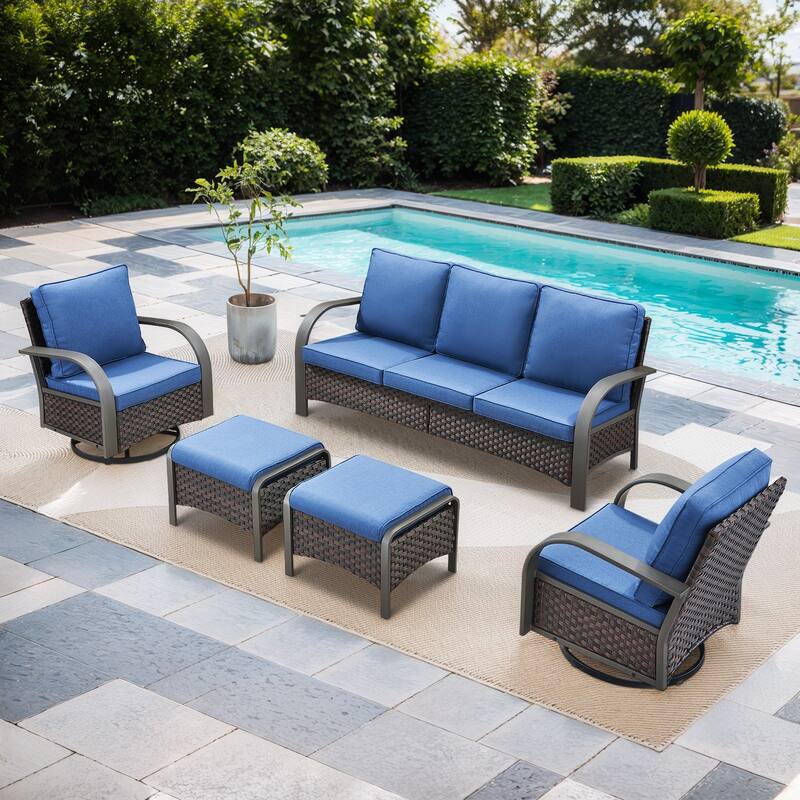 Outdoor Wicker Sofa with Swivel Chair and Ottoman - Brown - Blue