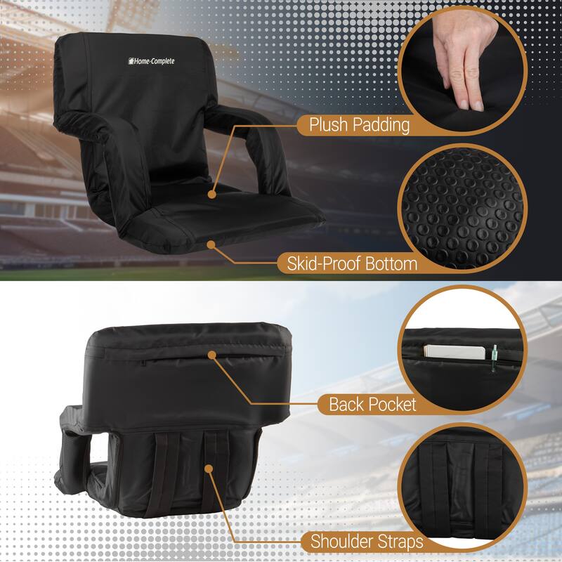 Stadium Seat Chair - Bleacher Cushion with Padded Back Support Armrests by Home-Complete (Black) - 15.5" x 15.5"