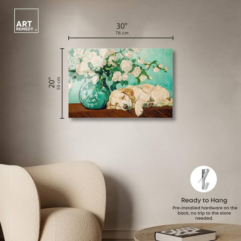 Rose Vase Puppy Acrylic by Art Remedy, Ready to Hang