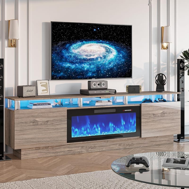 BOSSIN Modern 80" TV Stand with 36" Fireplace & LED Lights for TVs Up to 90", White with Golden Pillars, Storage Cabinets - New-Grey