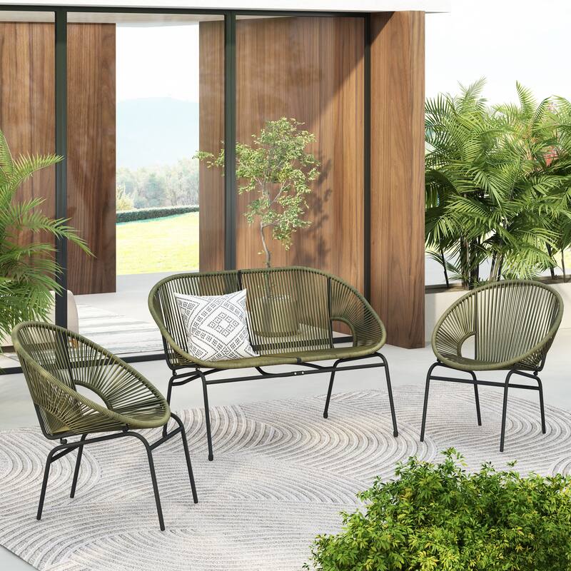 Roomfitters Nusa Outdoor Chat Set 3 Piece Handwoven Faux Wicker Iron Frame - 3 Piece Set