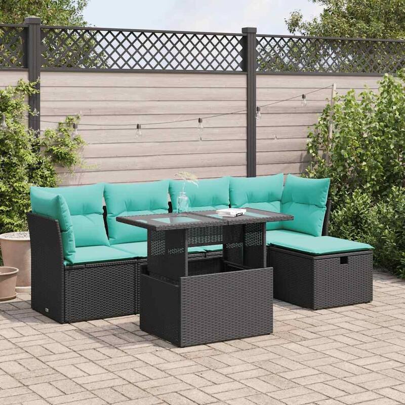 vidaXL Patio Sofa Set with Cushions Modular Outdoor Seating 6 Piece Poly Rattan - Black with storage
