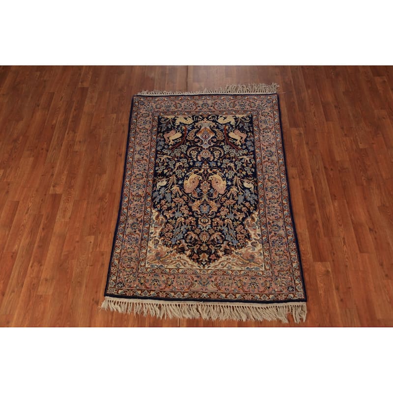 Vegetable Dye Blue Animals Isfahan Persian Vintage Wool Carpet - 3'4" x 5'3"