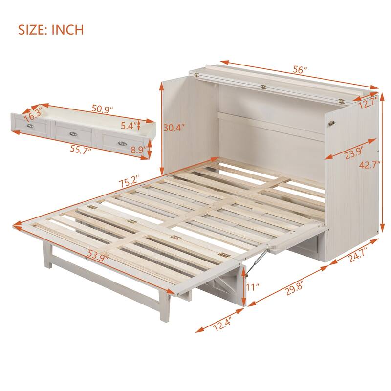 Foldable Murphy Bed with Large Drawers, USB Ports and Outlets